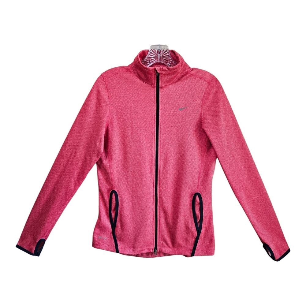 NIKE Women's M Dri Fit Jacket Full Zip Mock Neck Pink Thumbholes Mesh Lined 36"